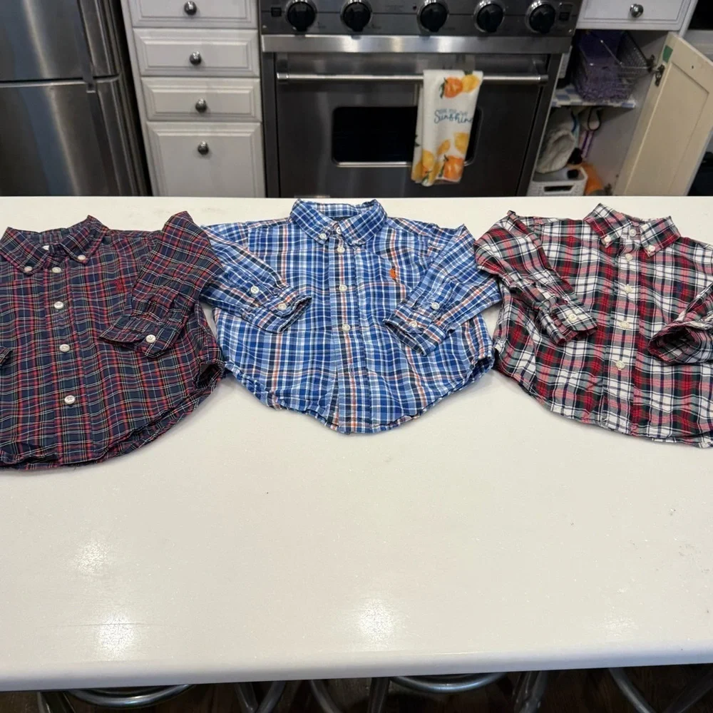 Ralph Lauren Set Of 3 Toddler Boys Button Down Shirts Plaid Long Sleeves Sz 18MO